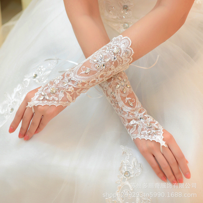 Elegant Womens Wedding Lace Gloves: Bridal Fingerless Gloves with Crystal Sequins, White Hook & Eye Closure, and Adjust