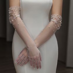 bridal gloves, heavy handmade beading elegant long slim wedding gloves for dinner party & tulle accessories
