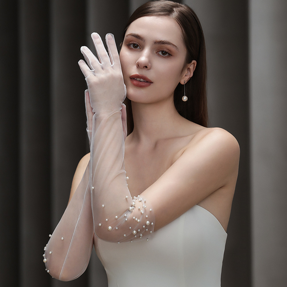 Bridal Gloves, Heavy Handmade Beading Elegant Long Slim Wedding Gloves for Dinner Party & Tulle Accessories