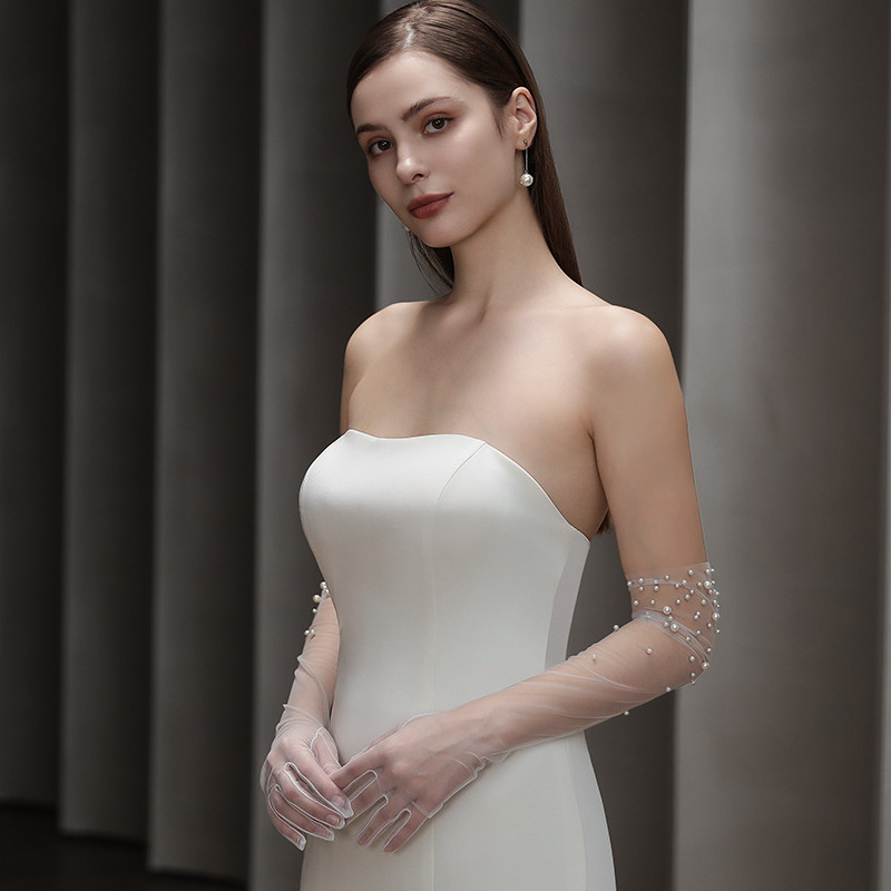 Bridal Gloves, Heavy Handmade Beading Elegant Long Slim Wedding Gloves for Dinner Party & Tulle Accessories