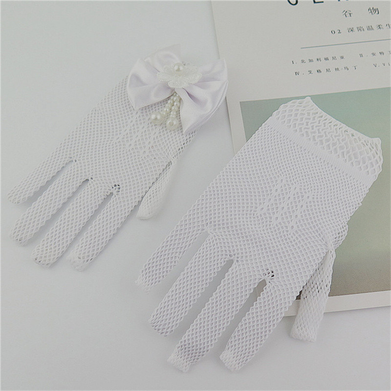 1 Pair Girls Kids White Lace Wedding Gloves With Faux Pearl Bowknot Fishnet Flower Girl Communion C 6