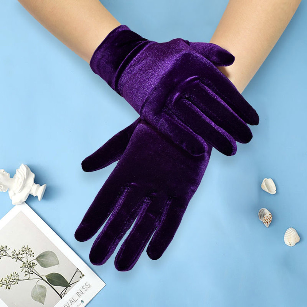 Short Opera Velvet Gloves for Women, Flapper Stretchy Wrist Length Banquet & Tea Party Gloves for Halloween Costume