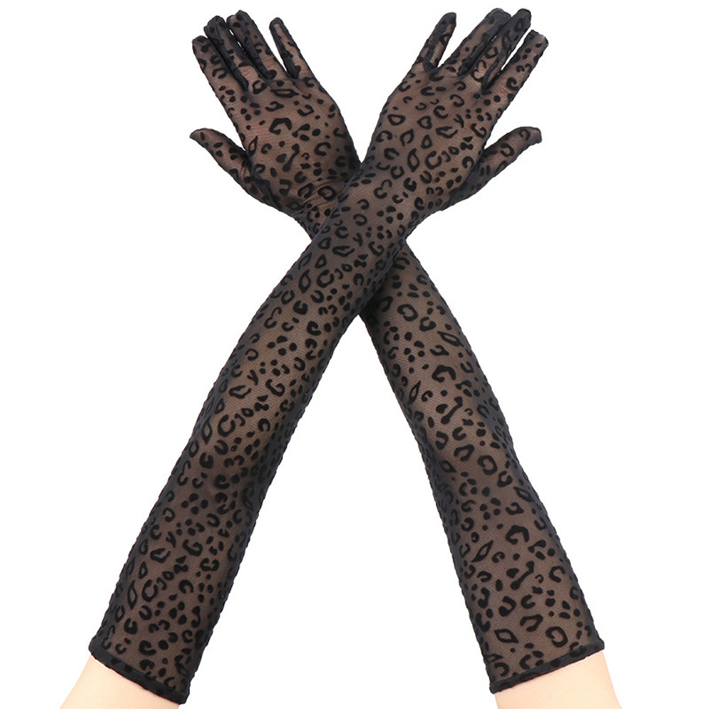 55cm Long Leopard Print Mesh Gloves for Women, Sexy Lace Fashion for Halloween, Cosplay & Stage Performance