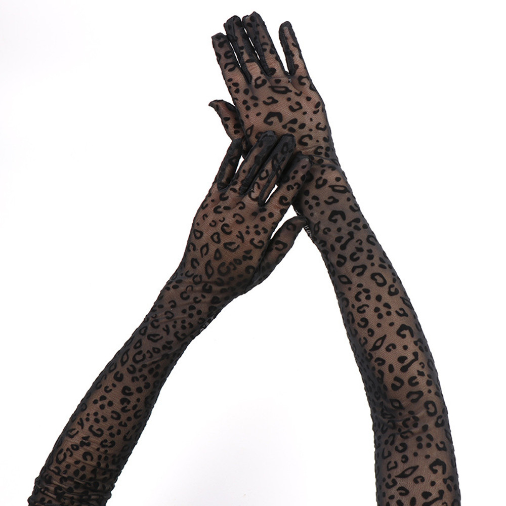 55cm Long Leopard Print Mesh Gloves for Women, Sexy Lace Fashion for Halloween, Cosplay & Stage Performance