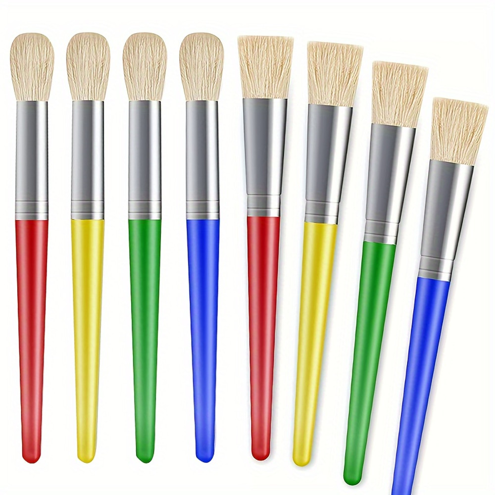 8 Pcs Big Washable Paint Brushes for Kids, Chubby Toddler Brushes, Easy to Clean, Grip Round and Flat Preschool