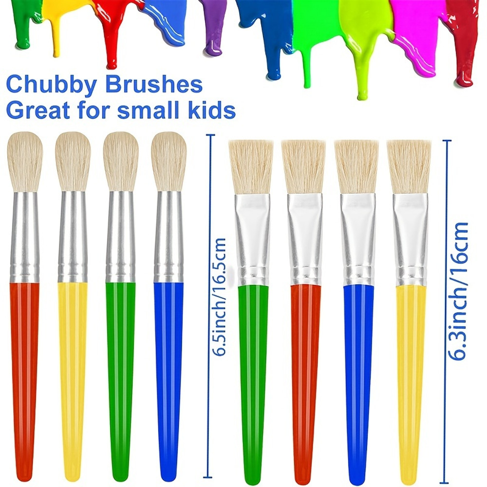8 Pcs Big Washable Paint Brushes for Kids, Chubby Toddler Brushes, Easy to Clean, Grip Round and Flat Preschool