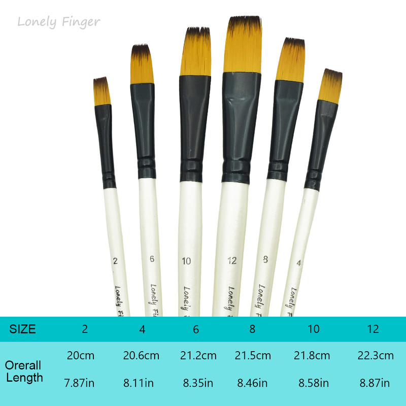 6pcs Art Paint Brush Set, White Handle Flat Brush, Easy Control, Perfect for Watercolor, Oil and Acrylic Painting