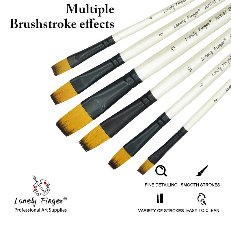 6pcs Art Paint Brush Set, White Handle Flat Brush, Easy Control, Perfect for Watercolor, Oil and Acrylic Painting