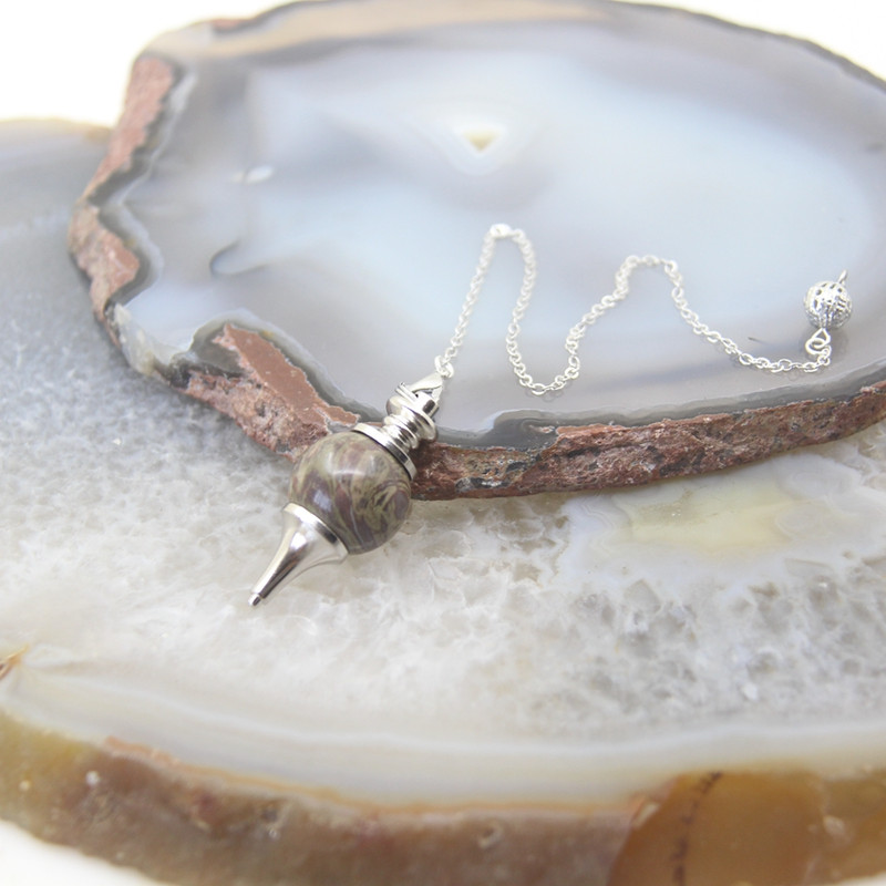 Natural Rose Quartz Labradorite Pendulum for Dowsing Divination, Crystal Cone Pendant with Round Beads Stone Chain