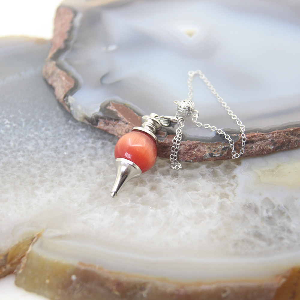 Natural Rose Quartz Labradorite Pendulum for Dowsing Divination, Crystal Cone Pendant with Round Beads Stone Chain