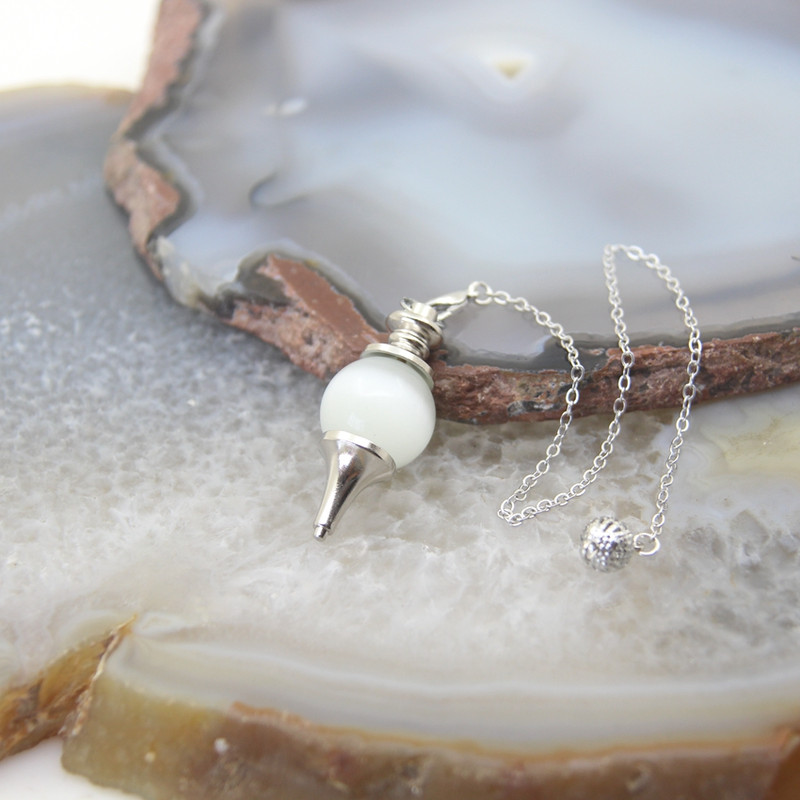 Natural Rose Quartz Labradorite Pendulum for Dowsing Divination, Crystal Cone Pendant with Round Beads Stone Chain