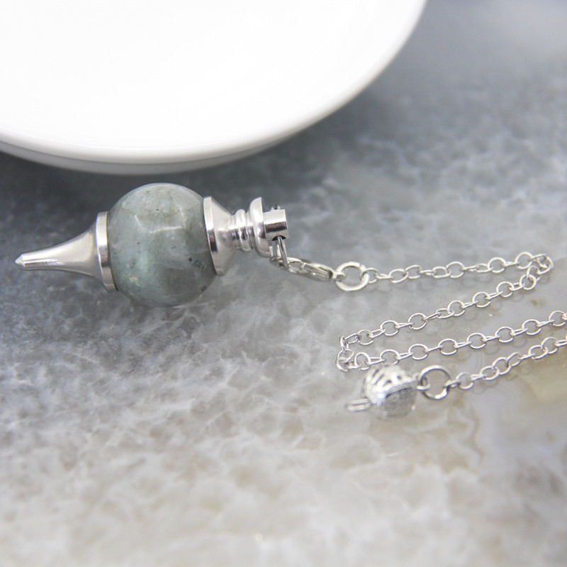 Natural Rose Quartz Labradorite Pendulum for Dowsing Divination, Crystal Cone Pendant with Round Beads Stone Chain