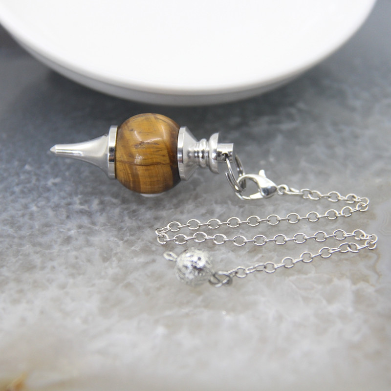 Natural Rose Quartz Labradorite Pendulum for Dowsing Divination, Crystal Cone Pendant with Round Beads Stone Chain