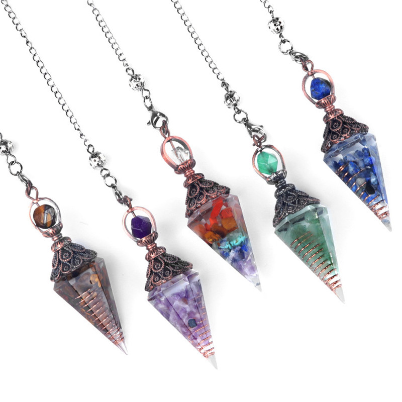 Natural Stone Crystal Pendulum Necklace, Hexagonal Cone Amethyst, Rose Quartz Chakra Pendant with Crushed Stone Bag