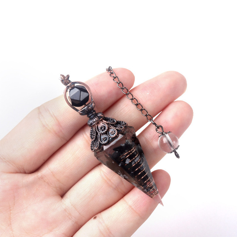 Natural Stone Crystal Pendulum Necklace, Hexagonal Cone Amethyst, Rose Quartz Chakra Pendant with Crushed Stone Bag