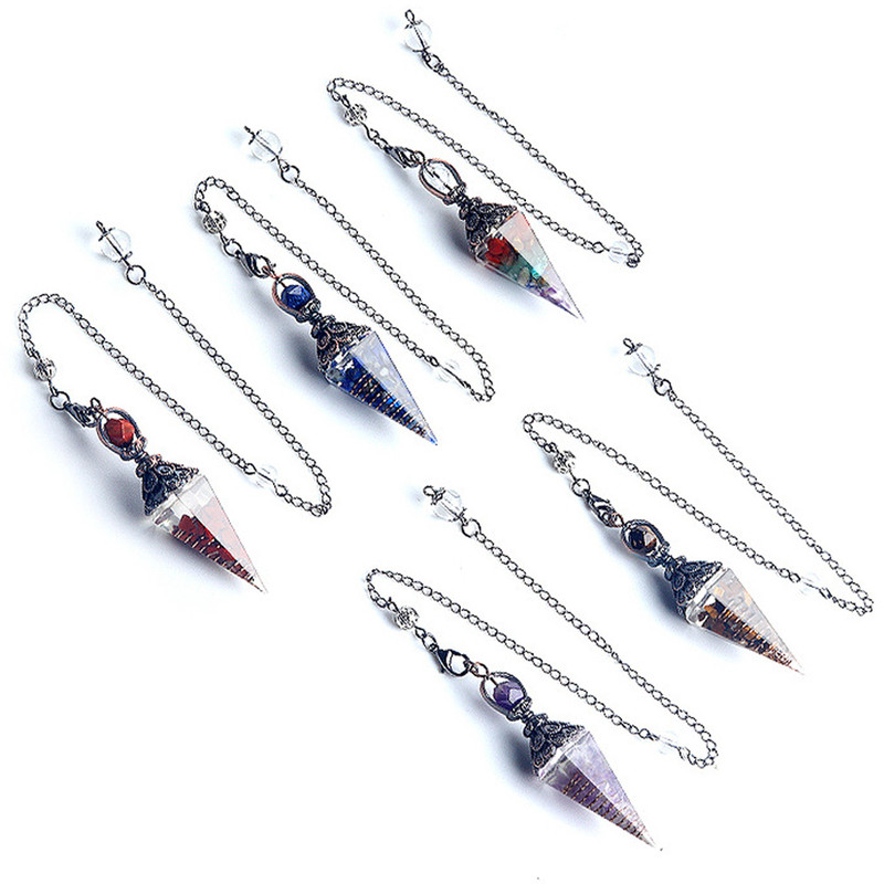 Natural Stone Crystal Pendulum Necklace, Hexagonal Cone Amethyst, Rose Quartz Chakra Pendant with Crushed Stone Bag