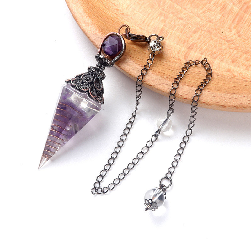 Natural Stone Crystal Pendulum Necklace, Hexagonal Cone Amethyst, Rose Quartz Chakra Pendant with Crushed Stone Bag