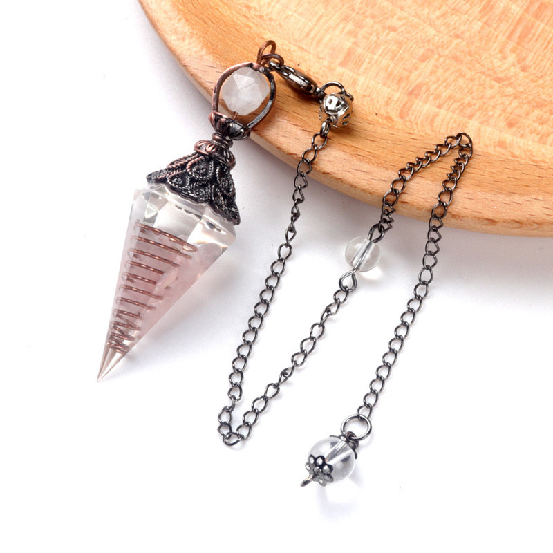 Natural Stone Crystal Pendulum Necklace, Hexagonal Cone Amethyst, Rose Quartz Chakra Pendant with Crushed Stone Bag