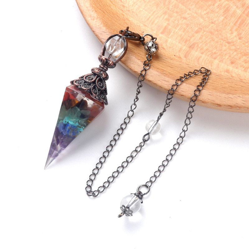 Natural Stone Crystal Pendulum Necklace, Hexagonal Cone Amethyst, Rose Quartz Chakra Pendant with Crushed Stone Bag