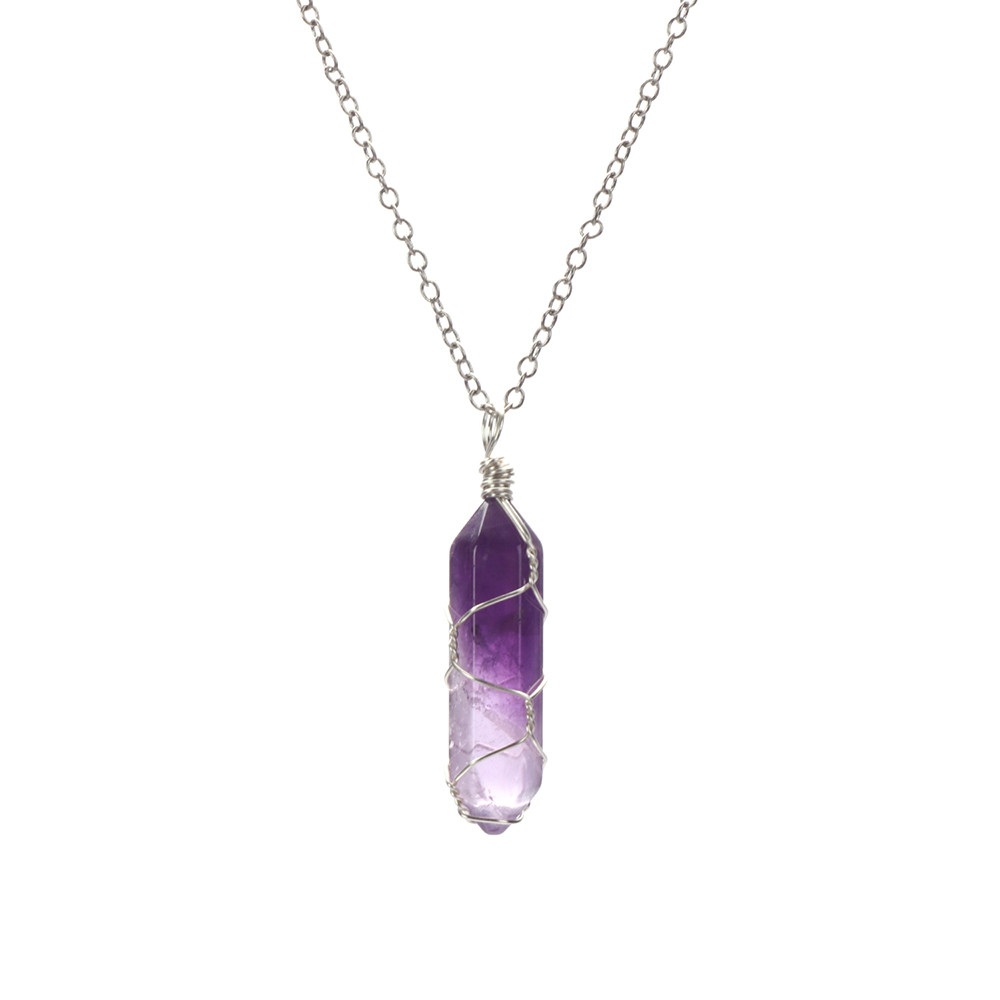 1Pc Fashion Hexagonal Cylindrical Crystal Necklace, Wire Wrap Amethyst Pendant, Natural Stone Valentine Day Gift