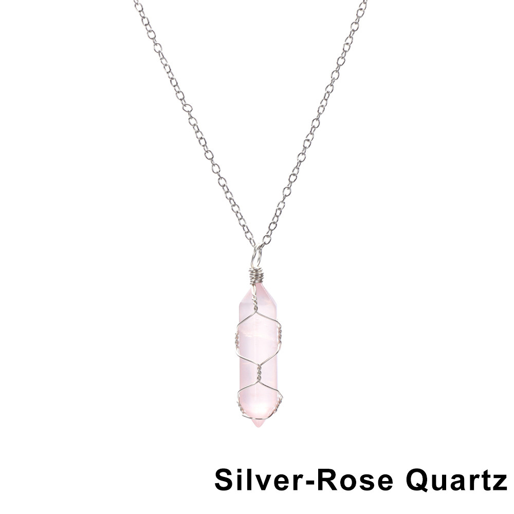 1Pc Fashion Hexagonal Cylindrical Crystal Necklace, Wire Wrap Amethyst Pendant, Natural Stone Valentine Day Gift