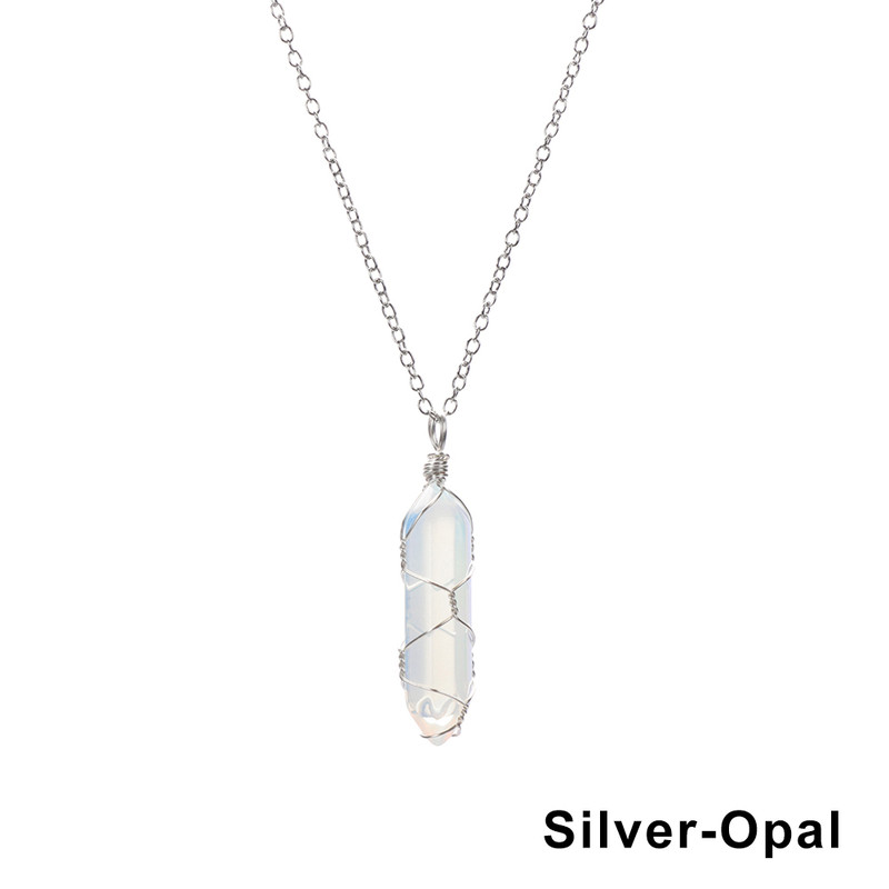 1Pc Fashion Hexagonal Cylindrical Crystal Necklace, Wire Wrap Amethyst Pendant, Natural Stone Valentine Day Gift