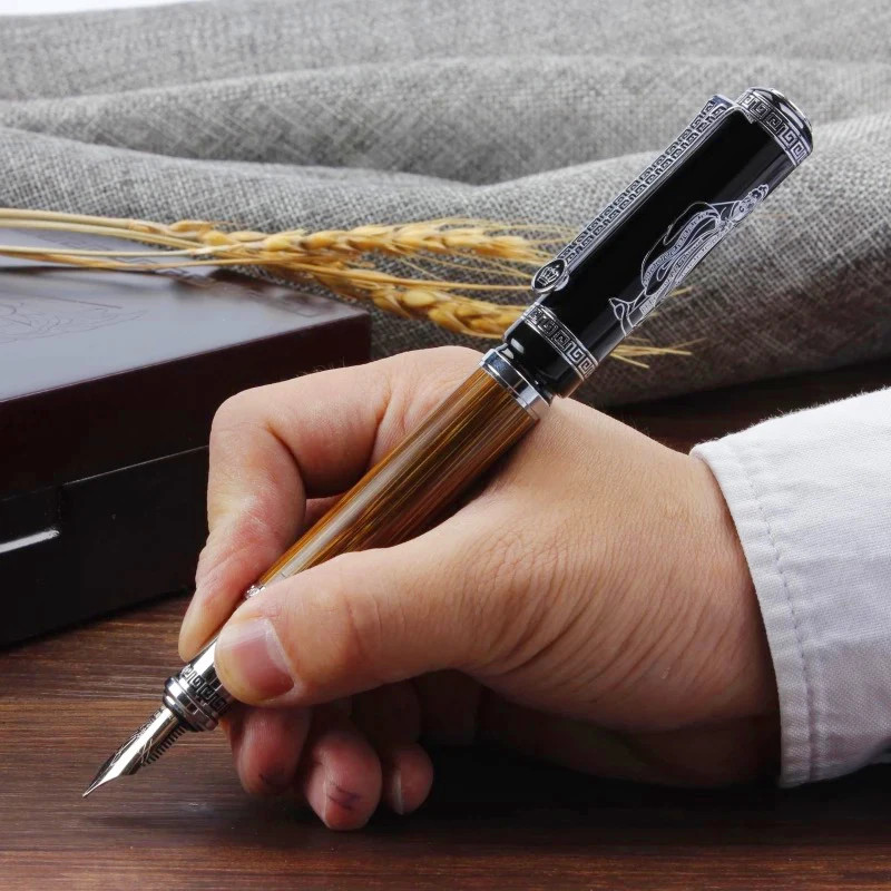 Duke Classic Confucius Natural Bamboo Calligraphy Fountain Pen Metal Embossed Pattern Bent Nib Irid 4