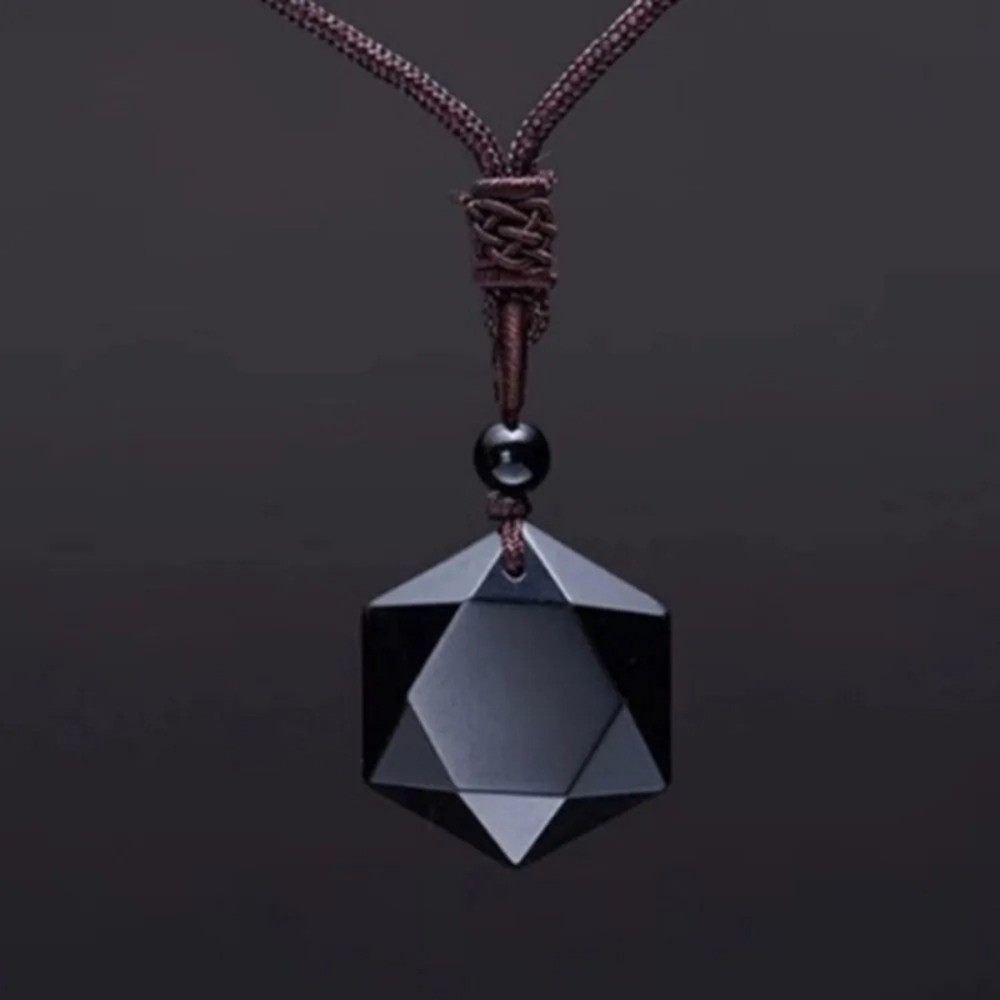 Obsidian Pendant & Pendulum, Hexagram Energy Stone Necklace for Men, Women, Protective Sweater Chain Accessory