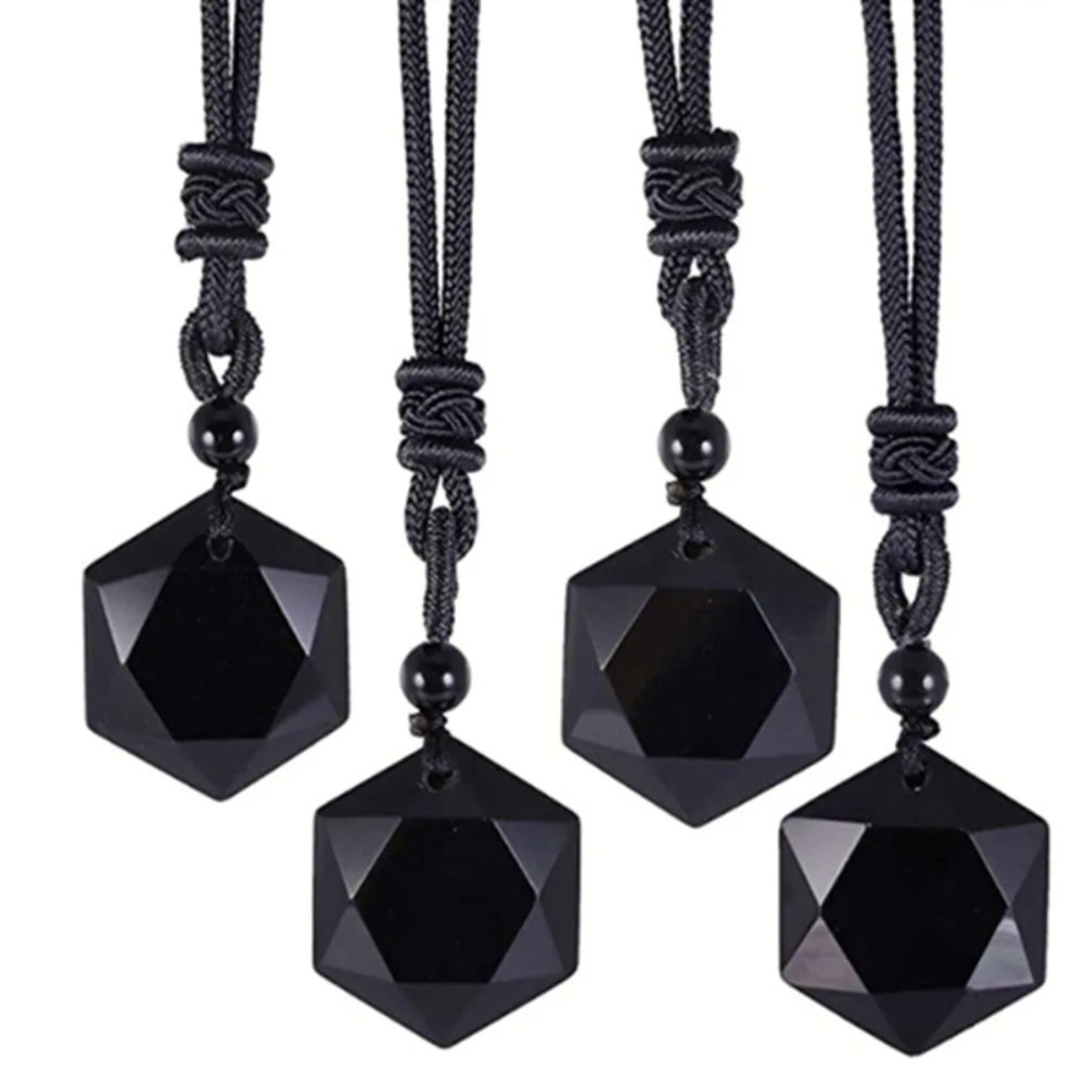 Obsidian Pendant & Pendulum, Hexagram Energy Stone Necklace for Men, Women, Protective Sweater Chain Accessory