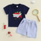 Toddler Boy Summer Outfits 2-Piece Set, Apple Embroidery Short Sleeve Top & Stripe Shorts