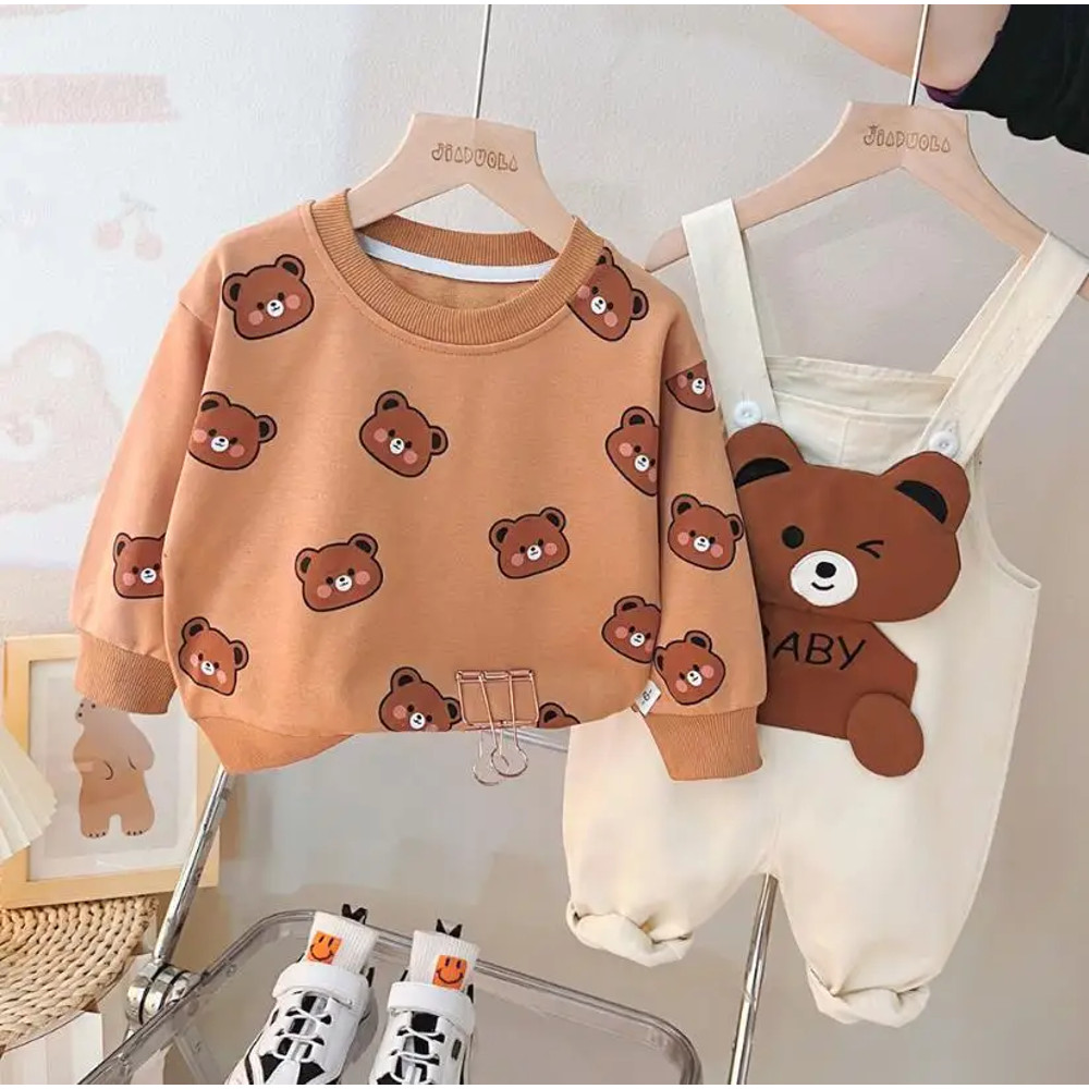 Baby Boys 1st Birthday Sets, Korean Style 2PC Outfit with Cute Bear Graphic T-shirt and Denim Overalls, Boutique Kids