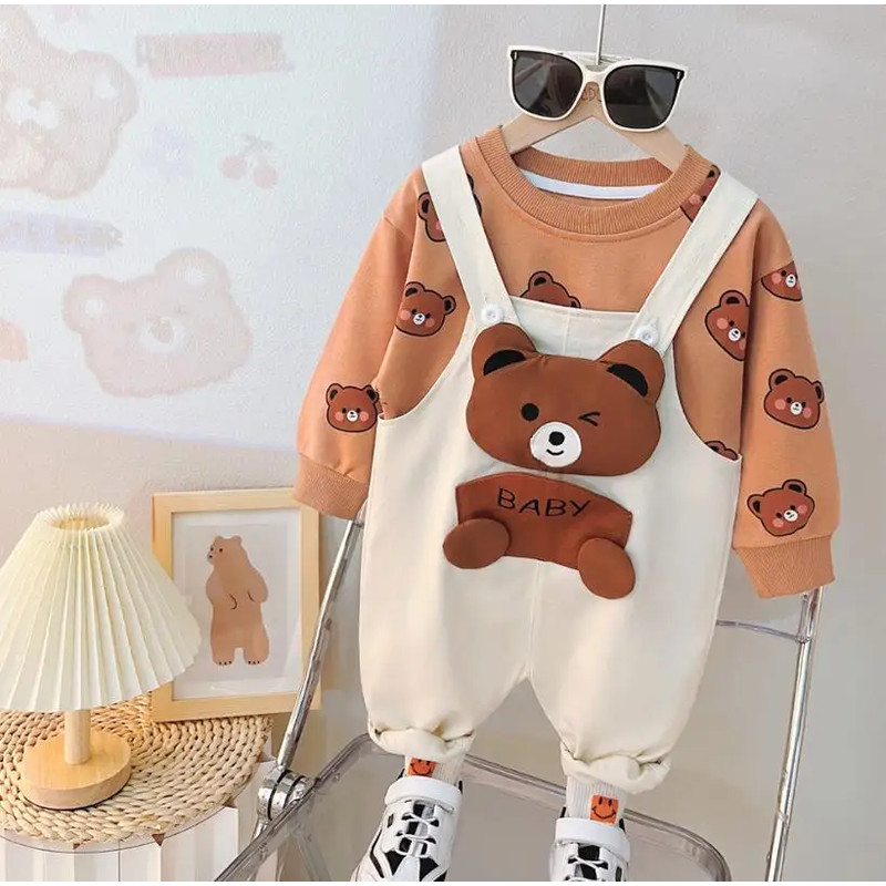 Baby Boys 1st Birthday Sets, Korean Style 2PC Outfit with Cute Bear Graphic T-shirt and Denim Overalls, Boutique Kids