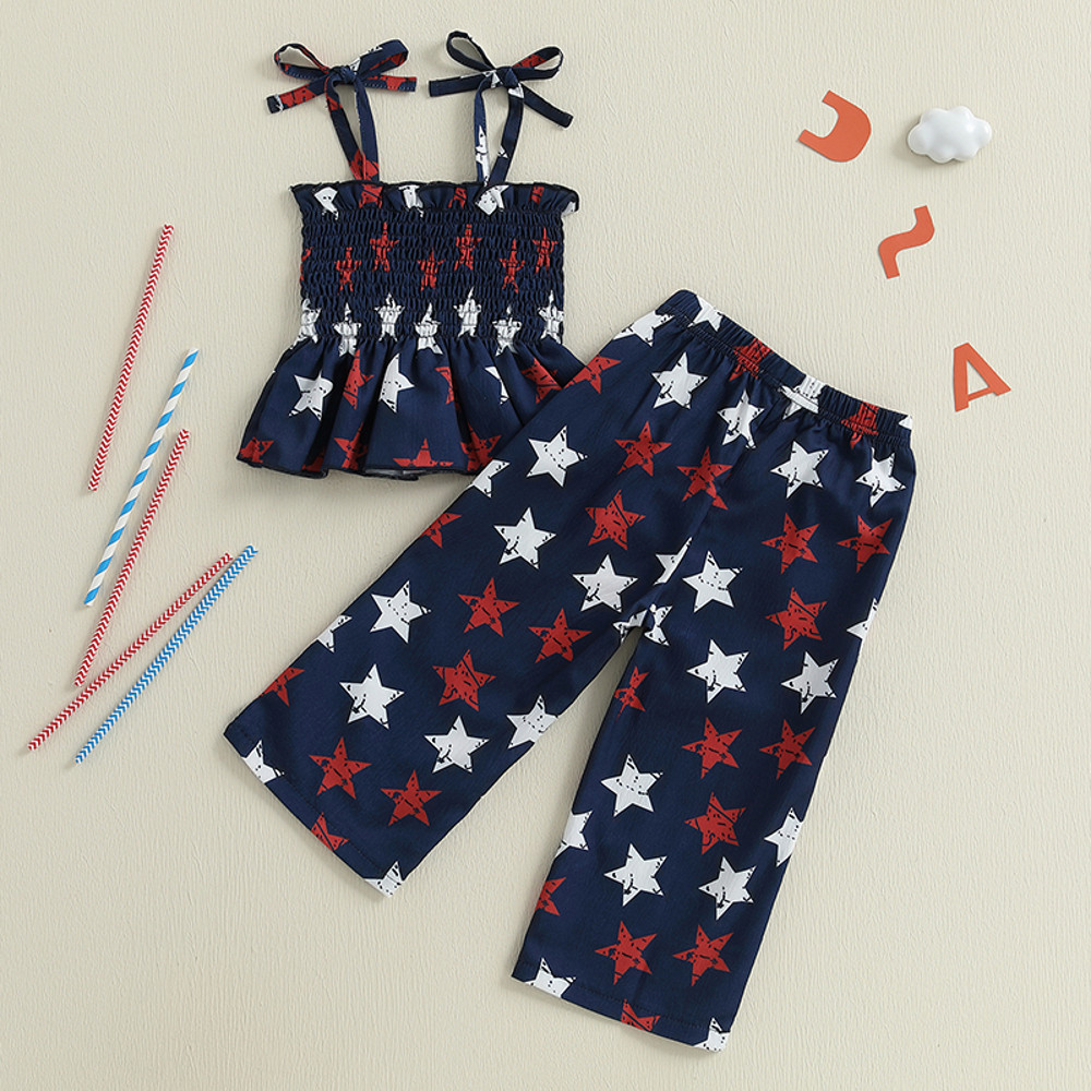 Baby Girl Fourth Outfit, Sleeveless Shirred Cami Top Wide Leg Pants Set, Patriotic Toddler Clothes