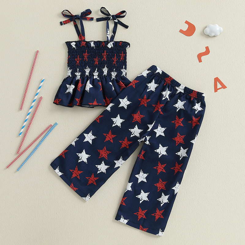 Baby Girl Fourth Outfit, Sleeveless Shirred Cami Top Wide Leg Pants Set, Patriotic Toddler Clothes