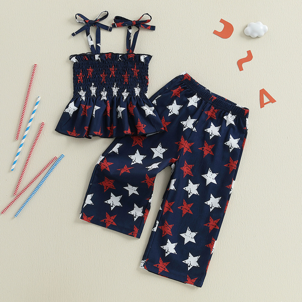 Baby Girl Fourth Outfit, Sleeveless Shirred Cami Top Wide Leg Pants Set, Patriotic Toddler Clothes