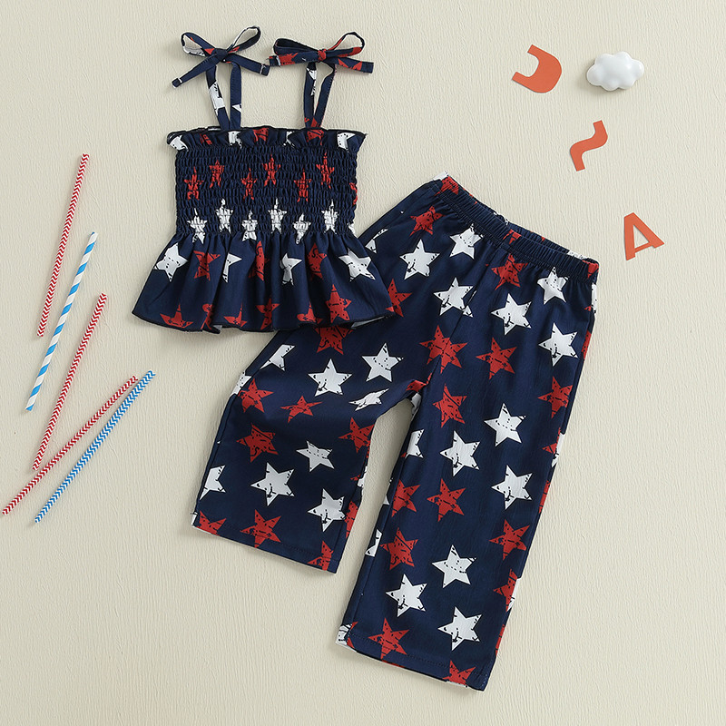 Baby Girl Fourth Outfit, Sleeveless Shirred Cami Top Wide Leg Pants Set, Patriotic Toddler Clothes