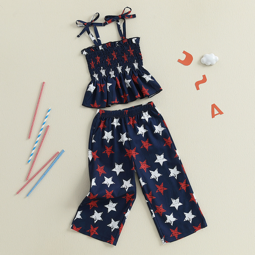 Baby Girl Fourth Outfit, Sleeveless Shirred Cami Top Wide Leg Pants Set, Patriotic Toddler Clothes