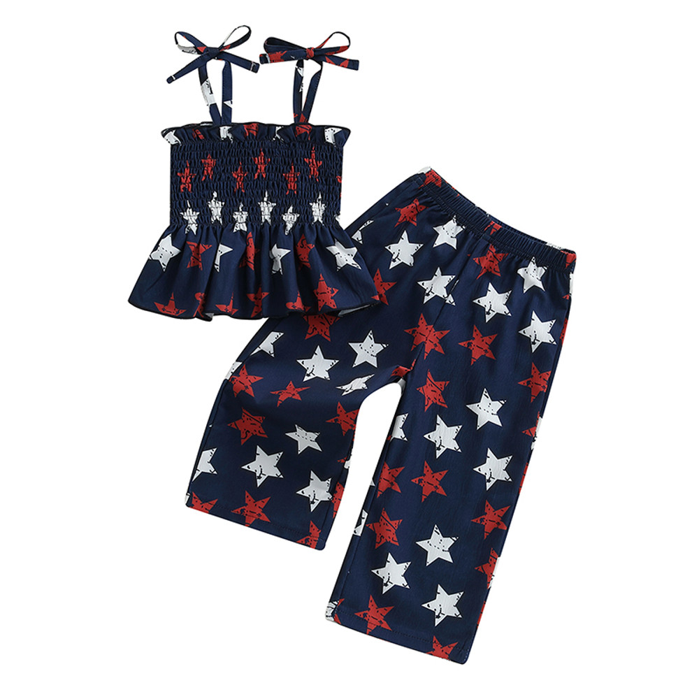 Baby Girl Fourth Outfit, Sleeveless Shirred Cami Top Wide Leg Pants Set, Patriotic Toddler Clothes