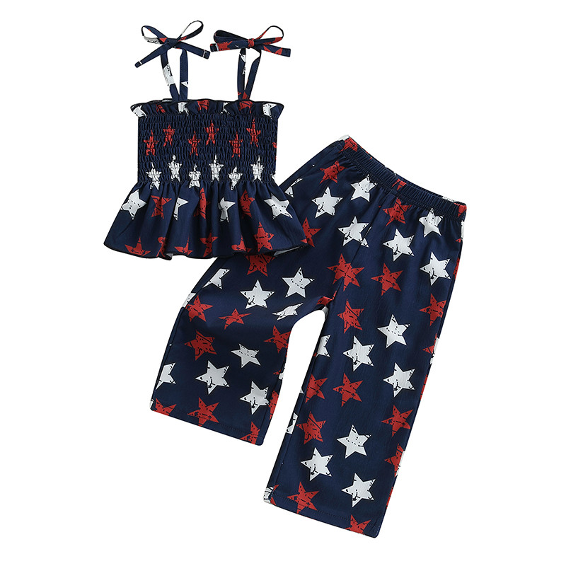 Baby Girl Fourth Outfit, Sleeveless Shirred Cami Top Wide Leg Pants Set, Patriotic Toddler Clothes