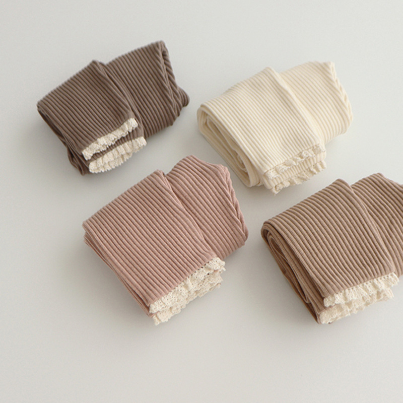 Newborn Baby Girl Leggings, Ribbed Cotton Infant Pants with Lace Foot, Mouth Detail, Soft Skinny Baby Clothing