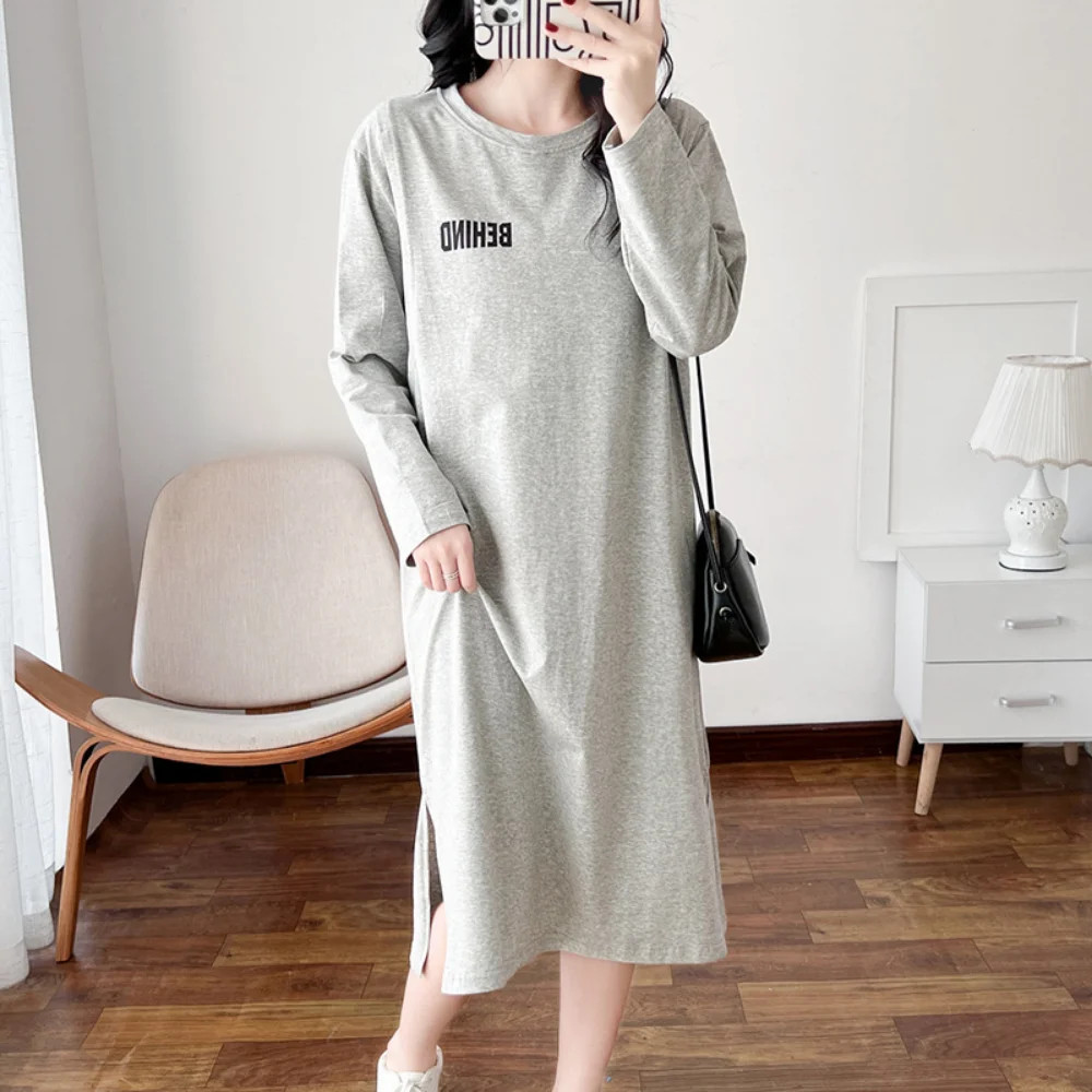 Casual Print Women's Long Sleeve Maternity Dress, Nursing & Breastfeeding Tops, Loose Pregnancy Shirt Dress