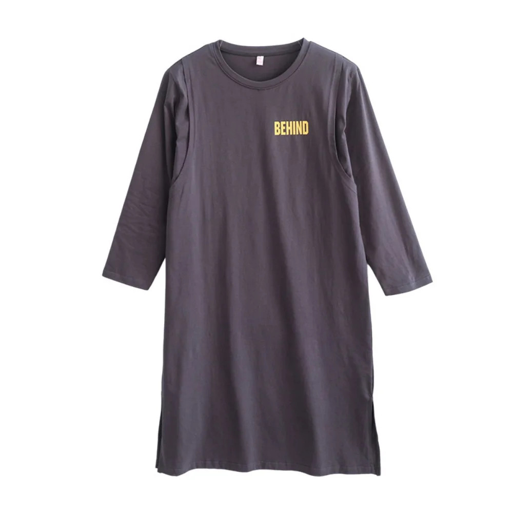 Casual Print Women's Long Sleeve Maternity Dress, Nursing & Breastfeeding Tops, Loose Pregnancy Shirt Dress