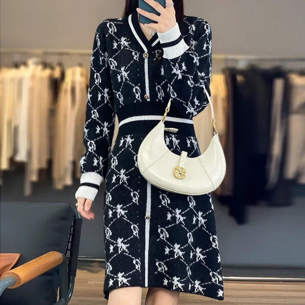 Elegant Autumn And Winter V-Neck Cashmere Dress for Women, Pure Wool Long Knitted Sweater Skirt with Waist Definition