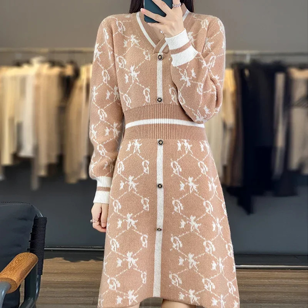 Elegant Autumn And Winter V-Neck Cashmere Dress for Women, Pure Wool Long Knitted Sweater Skirt with Waist Definition