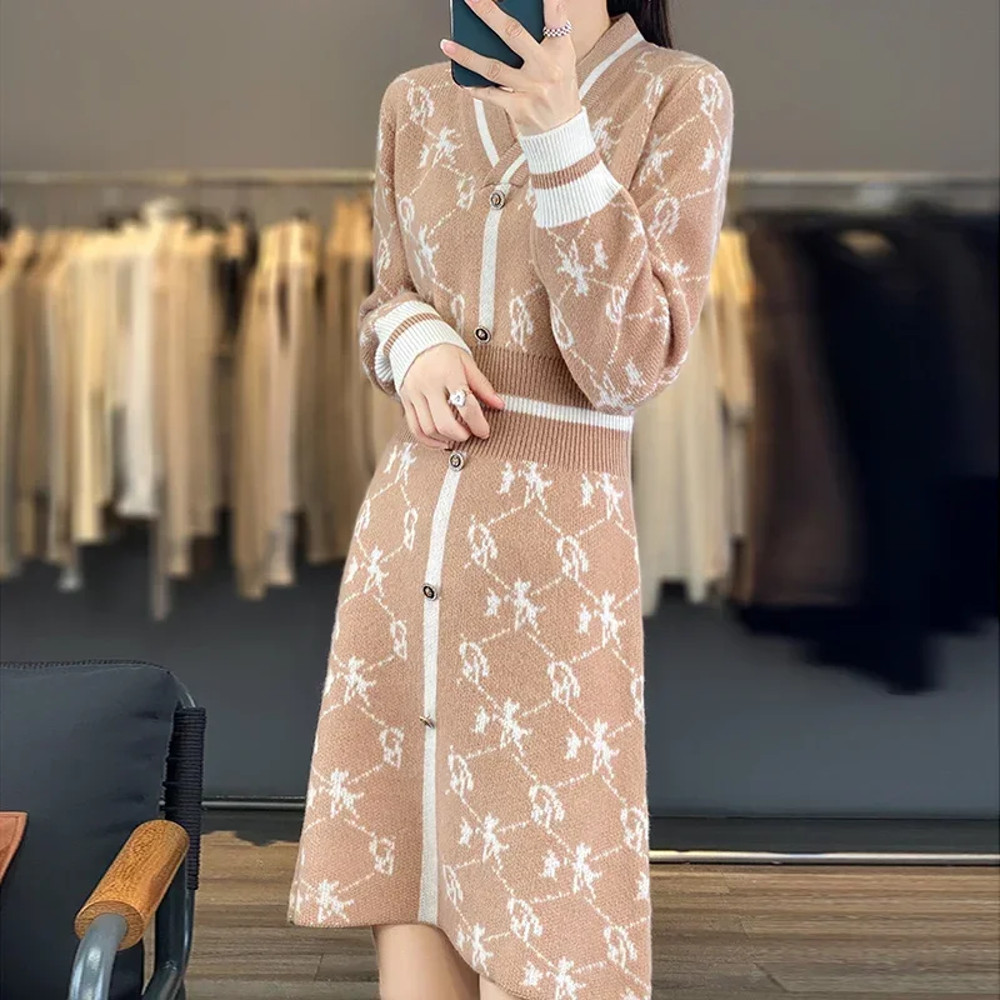 Elegant Autumn And Winter V-Neck Cashmere Dress for Women, Pure Wool Long Knitted Sweater Skirt with Waist Definition