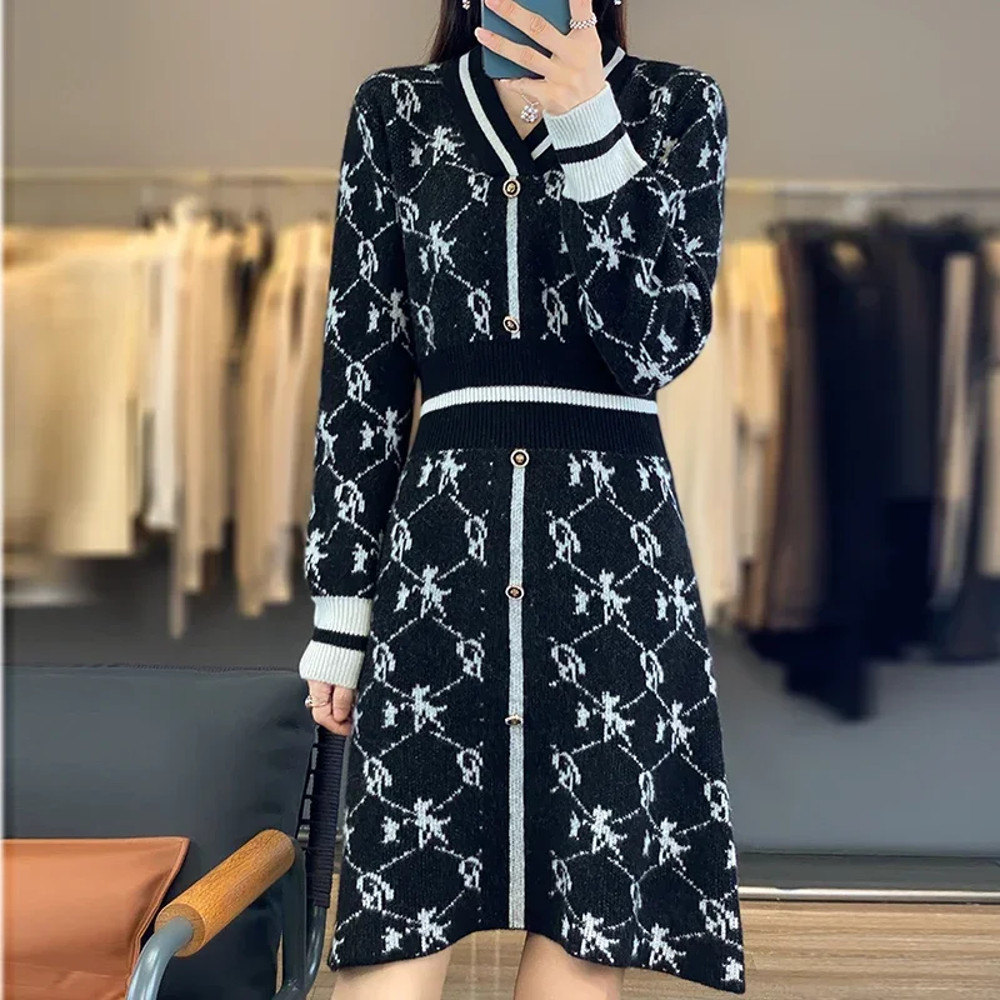 Elegant Autumn And Winter V-Neck Cashmere Dress for Women, Pure Wool Long Knitted Sweater Skirt with Waist Definition