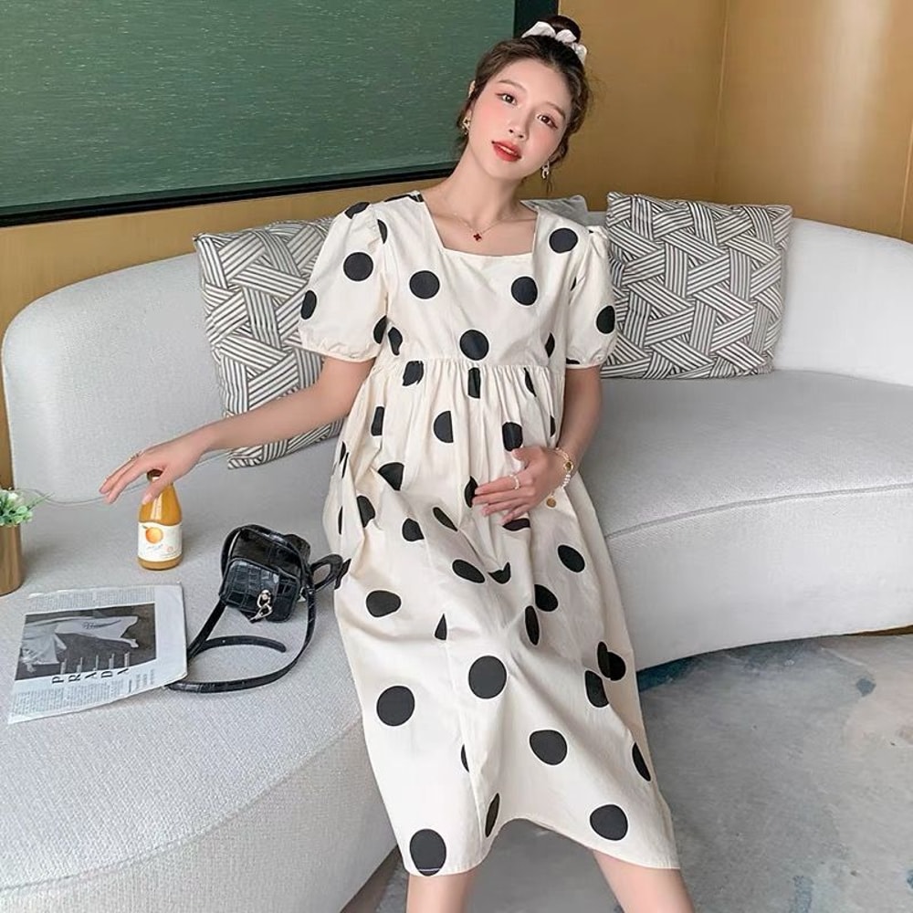 Maternity Fashion Summer Dress, High-End Fresh Dotty Skirt for Outdoors, Loose-Fit Pregnancy Clothes