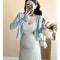 Pregnant Women's Temperament Wearing Spring Clothes, Pure Cotton Camisole Dress, Blue Cardigan Two-Piece Set