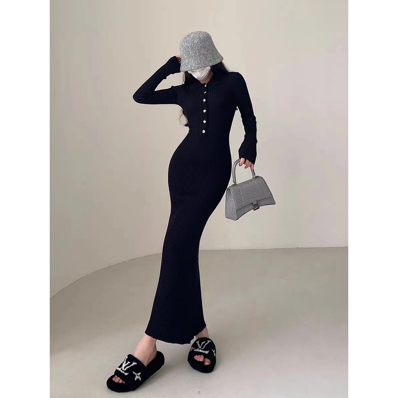 Autumn Winter Maternity Dress, V-Neck Knitted Long Dress for Pregnancy with Fishtail Pleated Hem, Single-Breasted Design