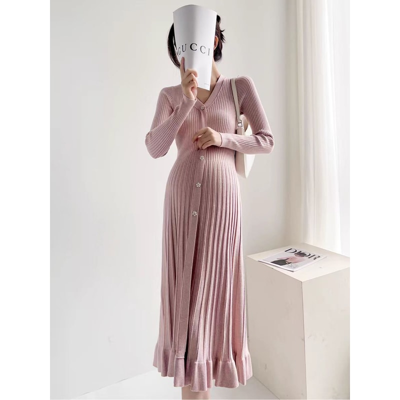 Autumn Winter Maternity Dress, V-Neck Knitted Long Dress for Pregnancy with Fishtail Pleated Hem, Single-Breasted Design